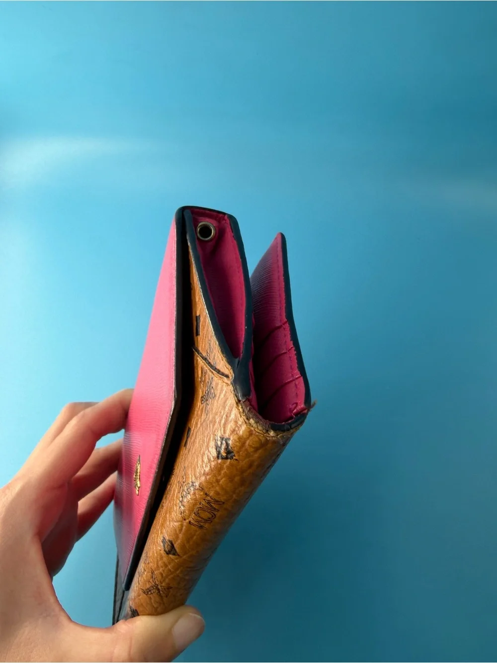 Mcm Visetos Leather Long Envelope Flap Wallet Hot Pink Card Slots Zipper
